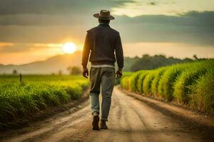 uma homem caminhando baixa uma sujeira estrada dentro frente do uma arroz campo. gerado por IA foto