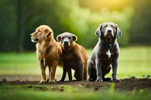 três cachorros sentado dentro a Relva em uma ensolarado dia. gerado por IA foto