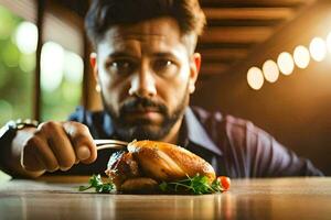 uma homem é segurando uma faca e garfo sobre uma frango. gerado por IA foto