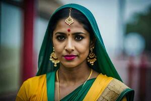 uma mulher dentro uma verde sari e ouro joia. gerado por IA foto