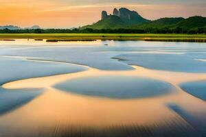 a Sol conjuntos sobre uma rio e montanhas. gerado por IA foto