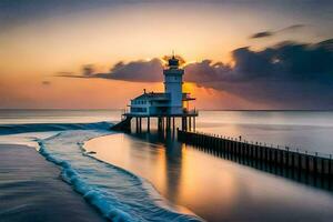 uma farol carrinhos em a costa do a oceano. gerado por IA foto