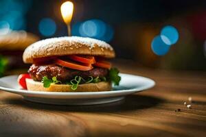 uma Hamburger com uma vela em isto. gerado por IA foto