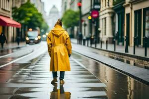 uma pessoa dentro uma amarelo capa de chuva caminhando baixa uma rua. gerado por IA foto