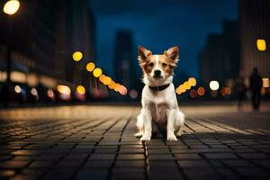 uma cachorro sentado em a rua às noite. gerado por IA foto