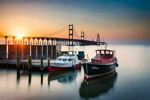 dois barcos ancorado às a doca com uma ponte dentro a fundo. gerado por IA foto