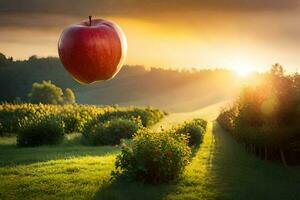 a maçã é vôo dentro a ar sobre uma campo. gerado por IA foto