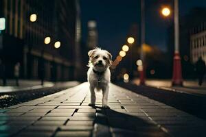 uma pequeno cachorro é em pé em uma tijolo estrada às noite. gerado por IA foto