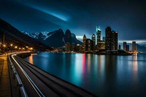 a cidade luzes estão refletido dentro a água às noite. gerado por IA foto