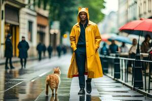 uma homem dentro uma amarelo capa de chuva e gato caminhando baixa uma rua. gerado por IA foto