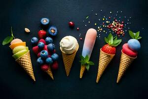 vários gelo creme cones com bagas e de outros frutas. gerado por IA foto