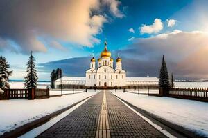 a russo ortodoxo catedral dentro a neve. gerado por IA foto