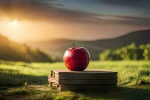 a maçã senta em topo do uma pilha do livros dentro a pôr do sol. gerado por IA foto