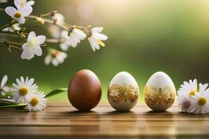 três ovos com flores e uma branco ovo. gerado por IA foto
