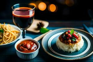 uma prato do Comida com uma vidro do vinho e uma tigela do massa. gerado por IA foto