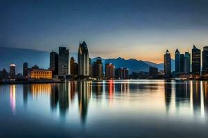 a cidade Horizonte é refletido dentro a água às crepúsculo. gerado por IA foto