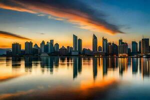 a cidade Horizonte às pôr do sol dentro dubai. gerado por IA foto