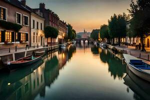 barcos estão ancorado ao longo uma canal às pôr do sol. gerado por IA foto