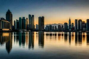 a cidade Horizonte é refletido dentro a água às pôr do sol. gerado por IA foto