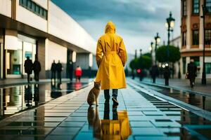 uma pessoa dentro uma amarelo capa de chuva caminhando com uma gato. gerado por IA foto