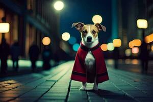 uma cachorro vestindo uma vermelho capa em pé em uma rua às noite. gerado por IA foto