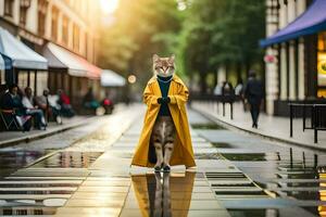 uma gato dentro uma amarelo casaco em pé em uma rua. gerado por IA foto