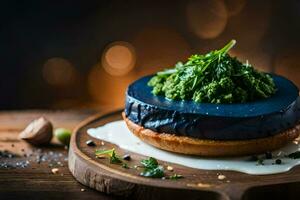 uma azul sobremesa com verde molho em topo. gerado por IA foto