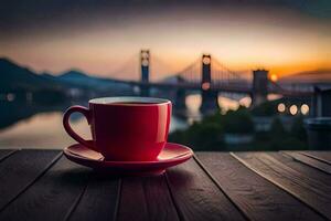 uma copo do café em uma de madeira mesa com uma Visão do a ponte. gerado por IA foto