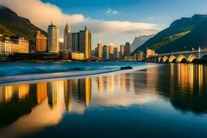 a cidade Horizonte é refletido dentro a água. gerado por IA foto