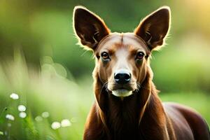 uma Castanho cachorro é em pé dentro a grama. gerado por IA foto