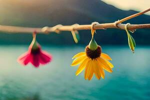 dois flores suspensão a partir de uma ramo perto uma lago. gerado por IA foto