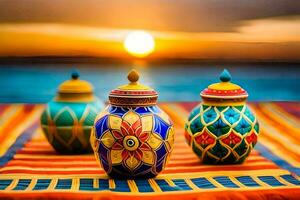três colorida vasos em uma mesa com a Sol contexto. gerado por IA foto