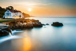 uma casa senta em a costa do uma corpo do água às pôr do sol. gerado por IA foto