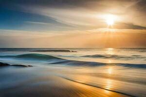 a Sol brilha sobre a oceano e ondas. gerado por IA foto