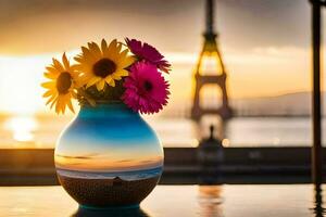 girassóis dentro uma vaso em uma mesa com uma pôr do sol dentro a fundo. gerado por IA foto