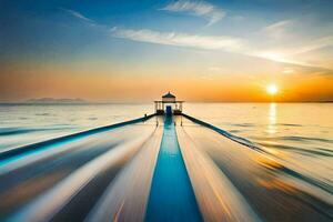 uma barco é comovente através a oceano às pôr do sol. gerado por IA foto