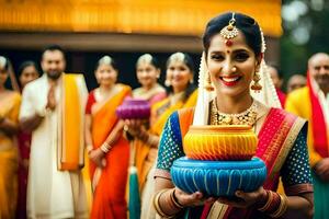 uma mulher dentro tradicional indiano vestuário segurando uma colorida Panela. gerado por IA foto