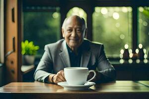 a Mais velho homem sentado às uma mesa com uma copo do café. gerado por IA foto
