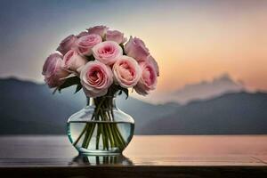 Rosa rosas dentro uma vaso em uma mesa com montanhas dentro a fundo. gerado por IA foto