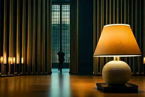 uma homem é em pé dentro frente do uma luminária dentro uma sala. gerado por IA foto