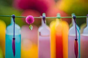 colorida garrafas suspensão em uma varal de roupas com uma flor. gerado por IA foto