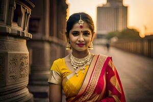 uma lindo indiano mulher dentro uma amarelo e vermelho sári. gerado por IA foto