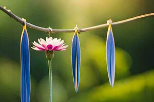 uma flor com azul e Rosa pétalas suspensão a partir de uma ramo. gerado por IA foto