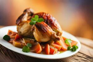 uma prato do frango com legumes em uma de madeira mesa. gerado por IA foto