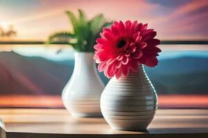 dois branco vasos com Rosa flores sentado em uma mesa. gerado por IA foto