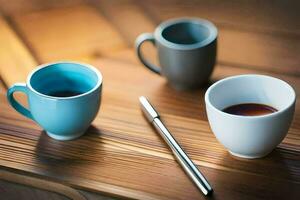 dois café copos e uma caneta em uma de madeira mesa. gerado por IA foto