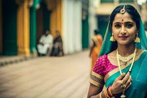 uma mulher dentro tradicional sari poses para uma foto. gerado por IA foto