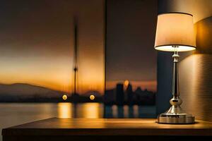 uma luminária em uma mesa dentro frente do uma janela. gerado por IA foto