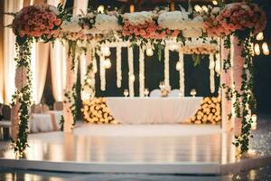 uma Casamento cerimônia com Rosa e branco flores gerado por IA foto