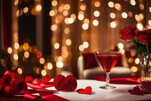 uma mesa com vermelho rosas e uma vidro do vinho. gerado por IA foto